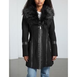 GUESS Black Wool Blend Y2K Coat Faux Fur Collar Zip Front Punk Goth Small